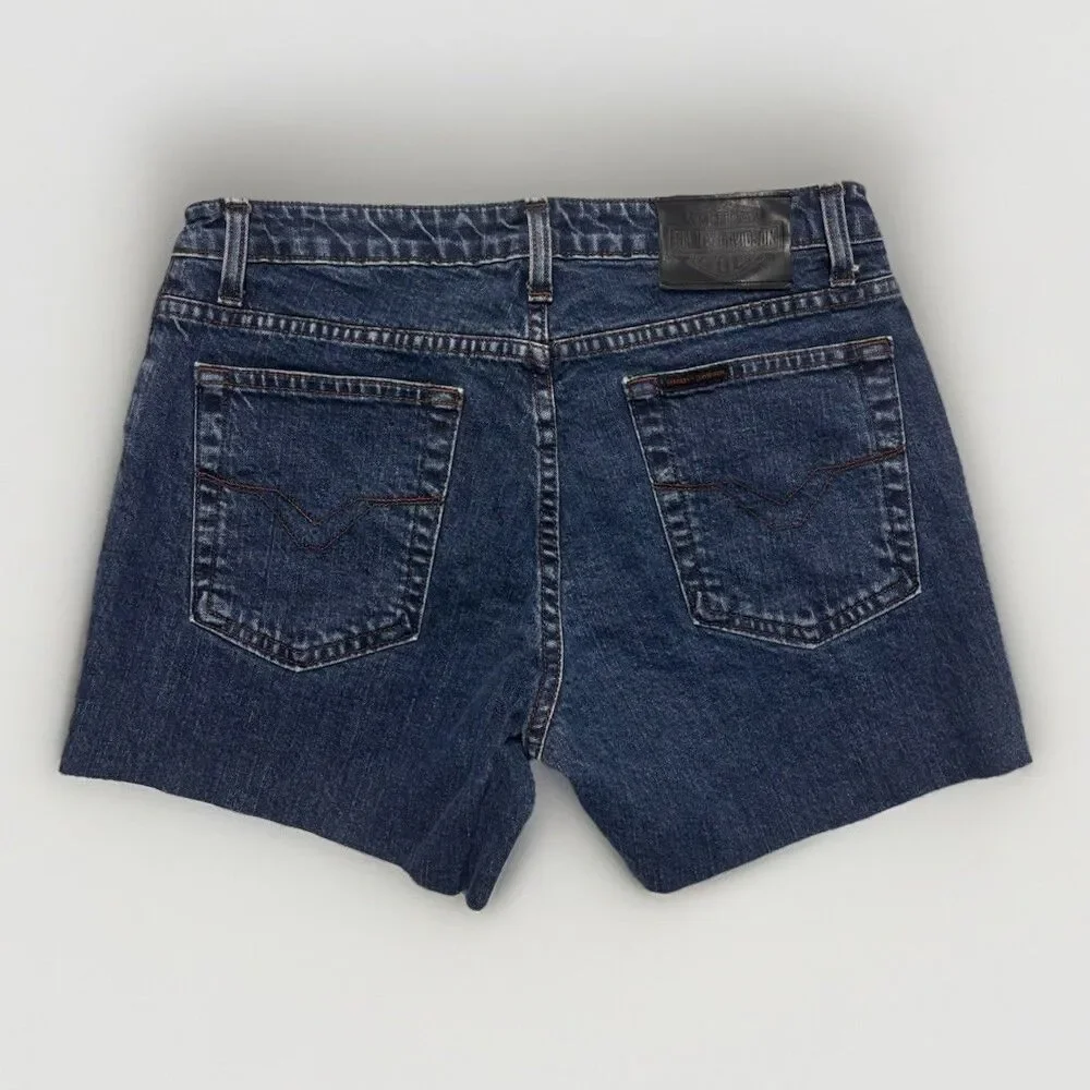 Harley-Davidson Y2K Biker Cut Off Denim Shorts Dark Wash Raw Hem Size 10